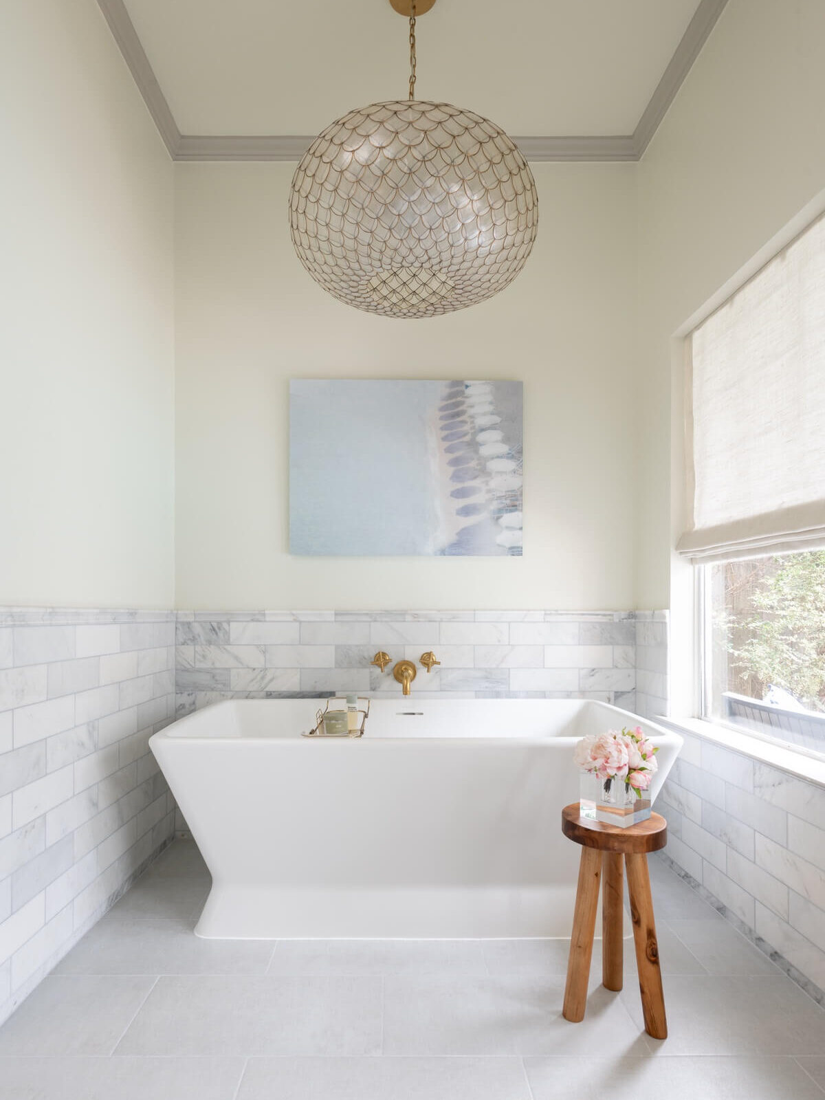 View of white angled bathtub